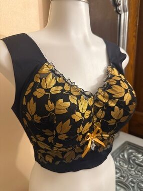 Senobra XL Black and Gold Floral Lace Longline Bra